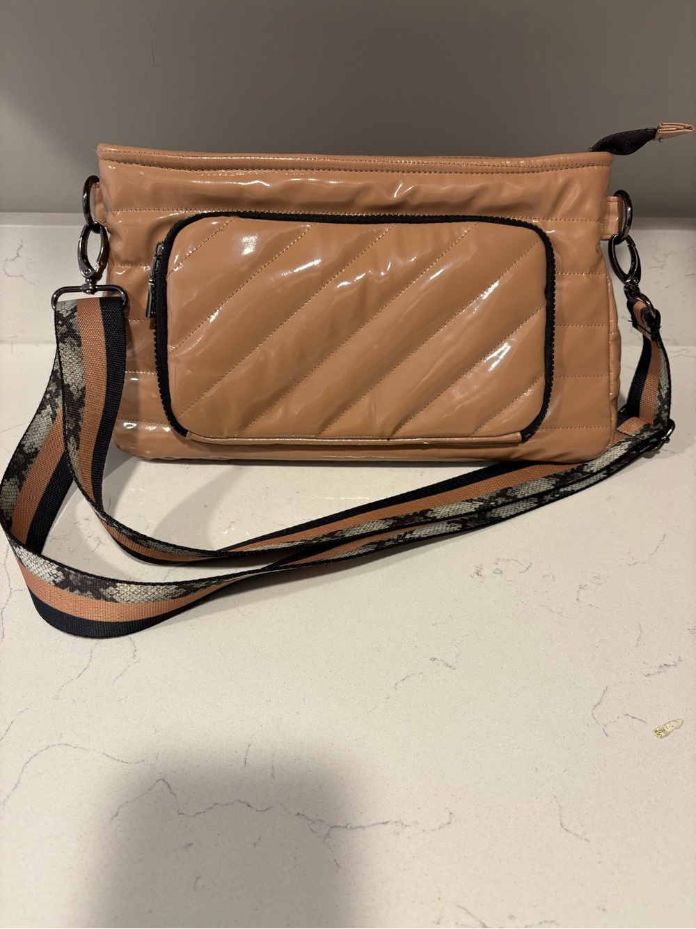 Quilted Think Royln Crossbody Bag in Beige with Striped Strap
